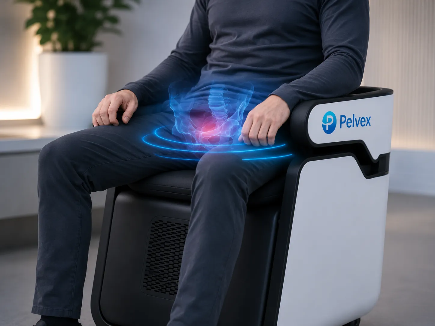 Pelvex chair with practitioner and client in modern wellness lobby